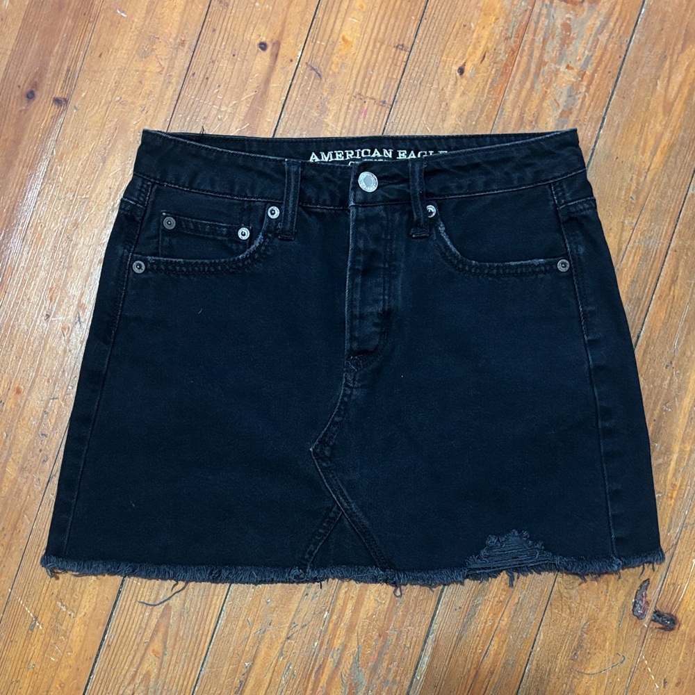 American Eagle Outfitters Black Frayed Hem Denim Mini Skirt
